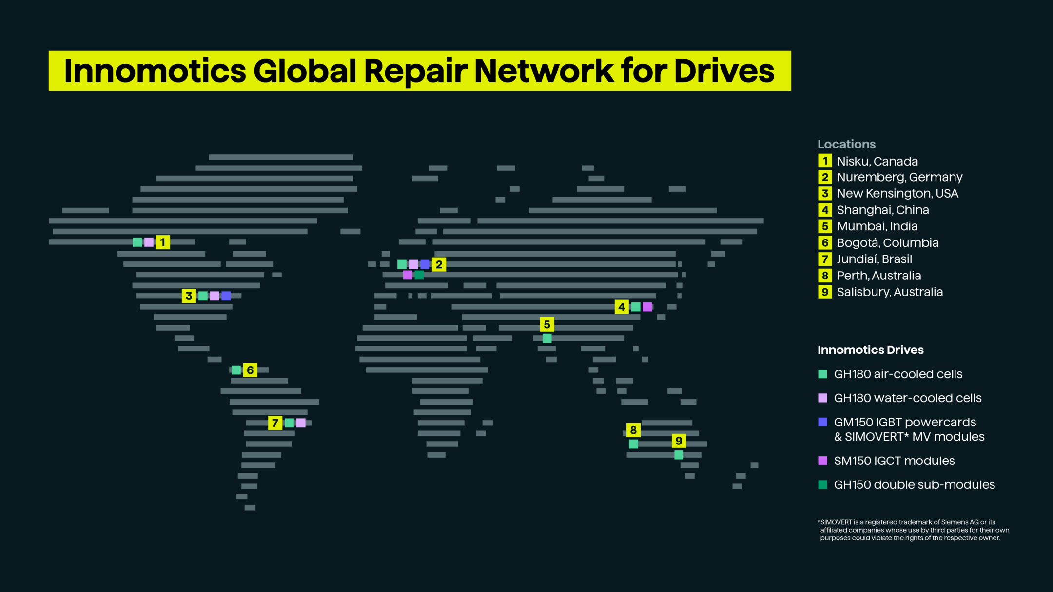 world map showing all locations for repair services for innomotics drives world map showing all locations for repair services for innomotics drives