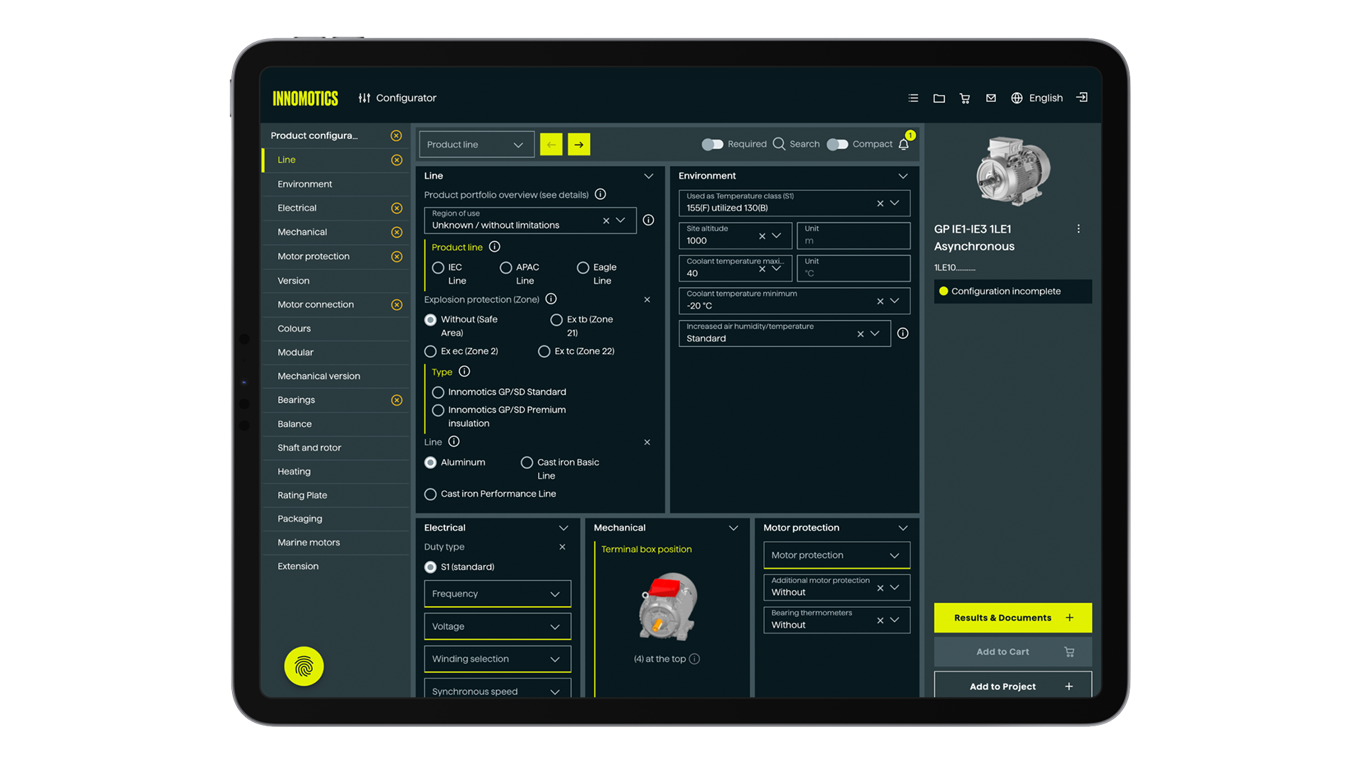 Innomotics Configurator shown in a tablet with the configuration of a motor Innomotics Configurator shown in a tablet with the configuration of a motor