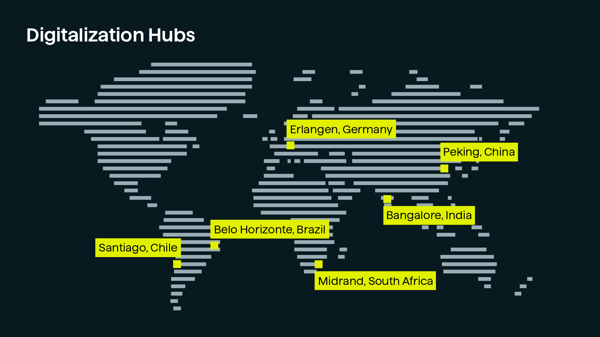 Digitalization hubs: Erlangen, Peking, Bangalore, Belo Horizonte, Midrand, Santiago Digitalization hubs: Erlangen, Peking, Bangalore, Belo Horizonte, Midrand, Santiago